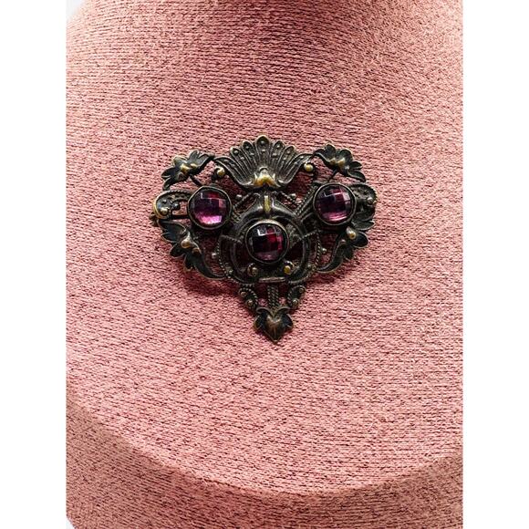 Antique Victorian Revival Brooch – Ornate Brass Filigree with Amethyst Glass - Picture 1 of 1
